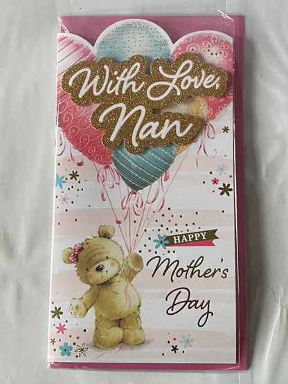 With Love Nan Happy Mother's Day Mothers Day Card Teddy/Balloons 3D/Glitter/Foil Detail(PRELUDE47677)