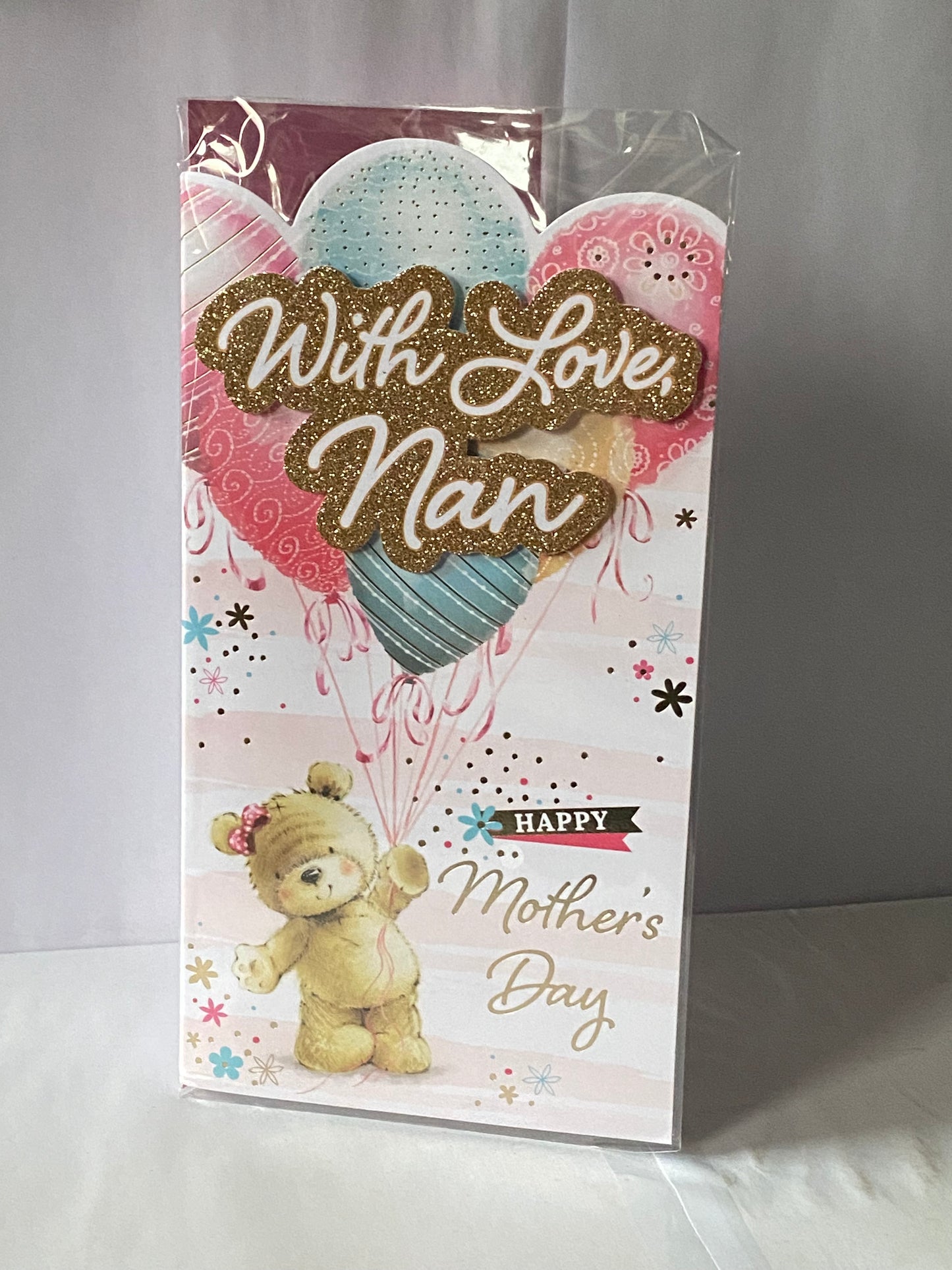 With Love Nan Happy Mother's Day Mothers Day Card Teddy/Balloons 3D/Glitter/Foil Detail(PRELUDE47677)