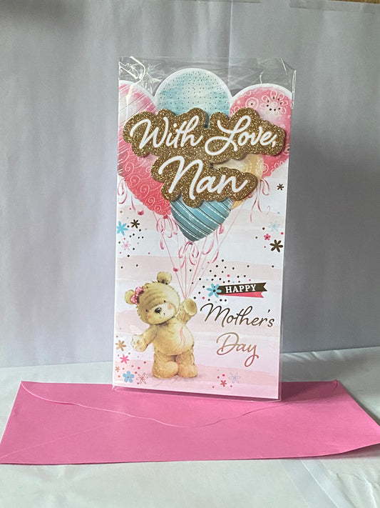 With Love Nan Happy Mother's Day Mothers Day Card Teddy/Balloons 3D/Glitter/Foil Detail(PRELUDE47677)