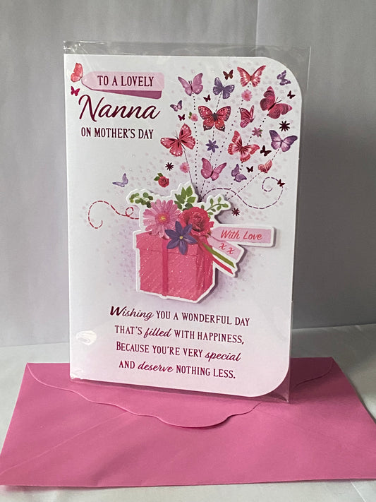 To A Lovely Nanna On Mother's Day Mothers Day Card Pink Present/Butterflies/Words 3D/Glitter/Foil Detail(PRELUDE47673)