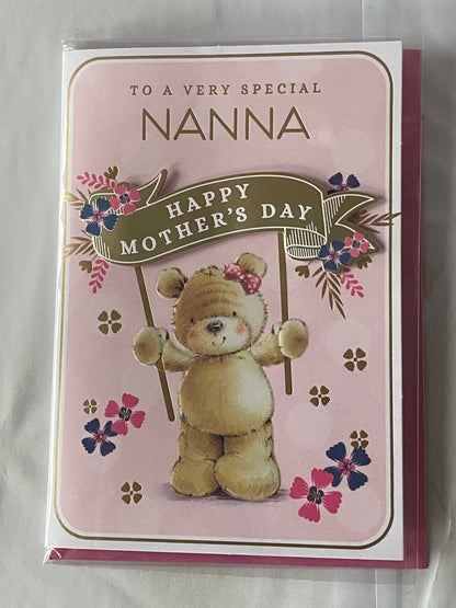 To A Very Special Nanna Happy Mother's Day Mothers Day Card Pink-Teddy/Gold Banner 3D/Foil Detail(PRELUDE47669)