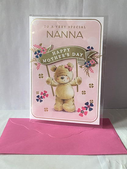 To A Very Special Nanna Happy Mother's Day Mothers Day Card Pink-Teddy/Gold Banner 3D/Foil Detail(PRELUDE47669)