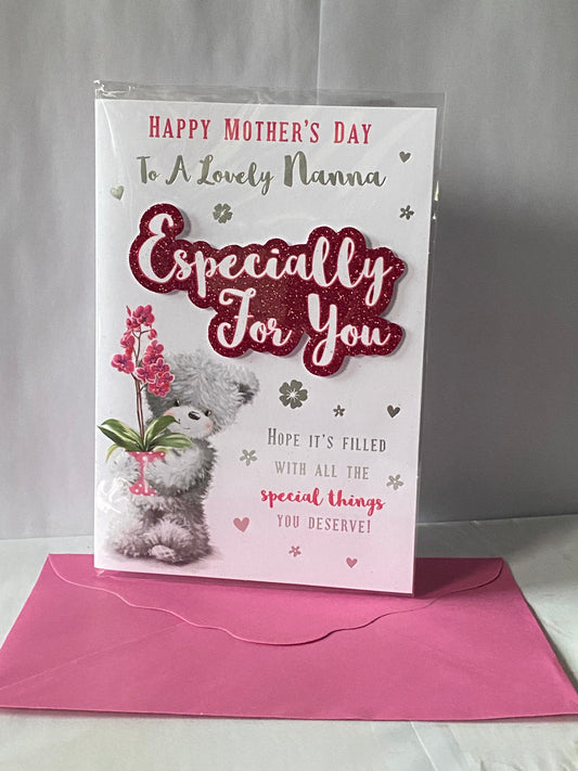 Happy Mother's Day To A Lovely Nanna Especially For You Mother's Day Mothers Day Card Grey Teddy/Pink Flower/Words 3D/Glitter/Foil Detail(PRELUDE47670)