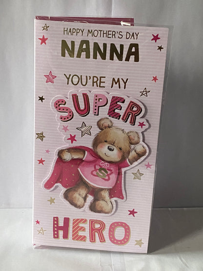 Happy Mother's Day Nanna You're My Super Hero Mothers Day Card Super Hero Teddy/Stars 3D/Foil Detail(PRELUDE47675)