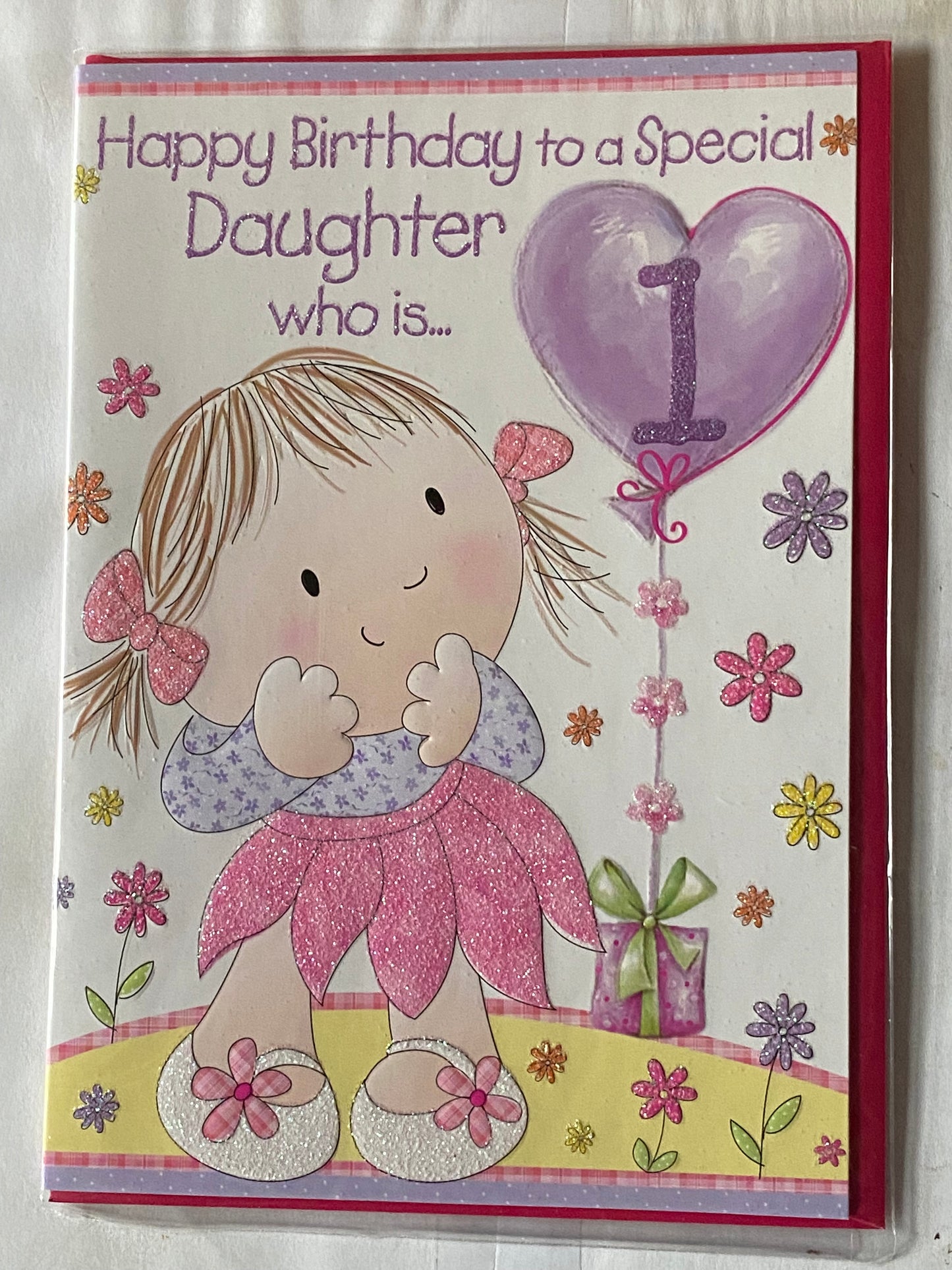 Happy Birthday To A Special Daughter Who Is 1 Age 1 One First 1st Birthday Card Cute Girl/Purple Heart Balloon Glitter/Foil Detail(PH33478E)