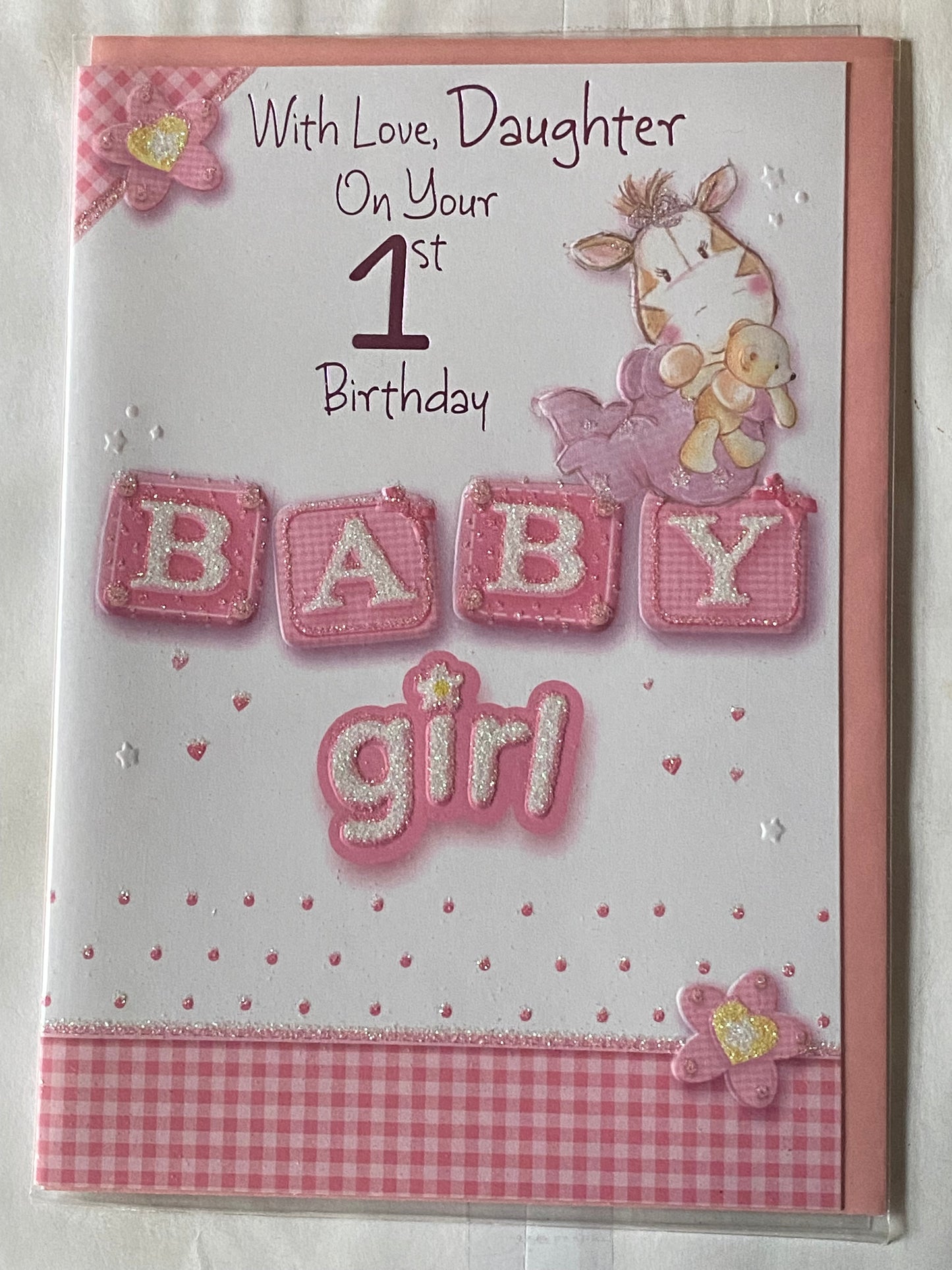 With Love Daughter On Your 1st Birthday Baby Girl Age 1 First 1st Birthday Card White-Baby Giraffe/Words Glitter/Foil Detail(REGENTT212E)