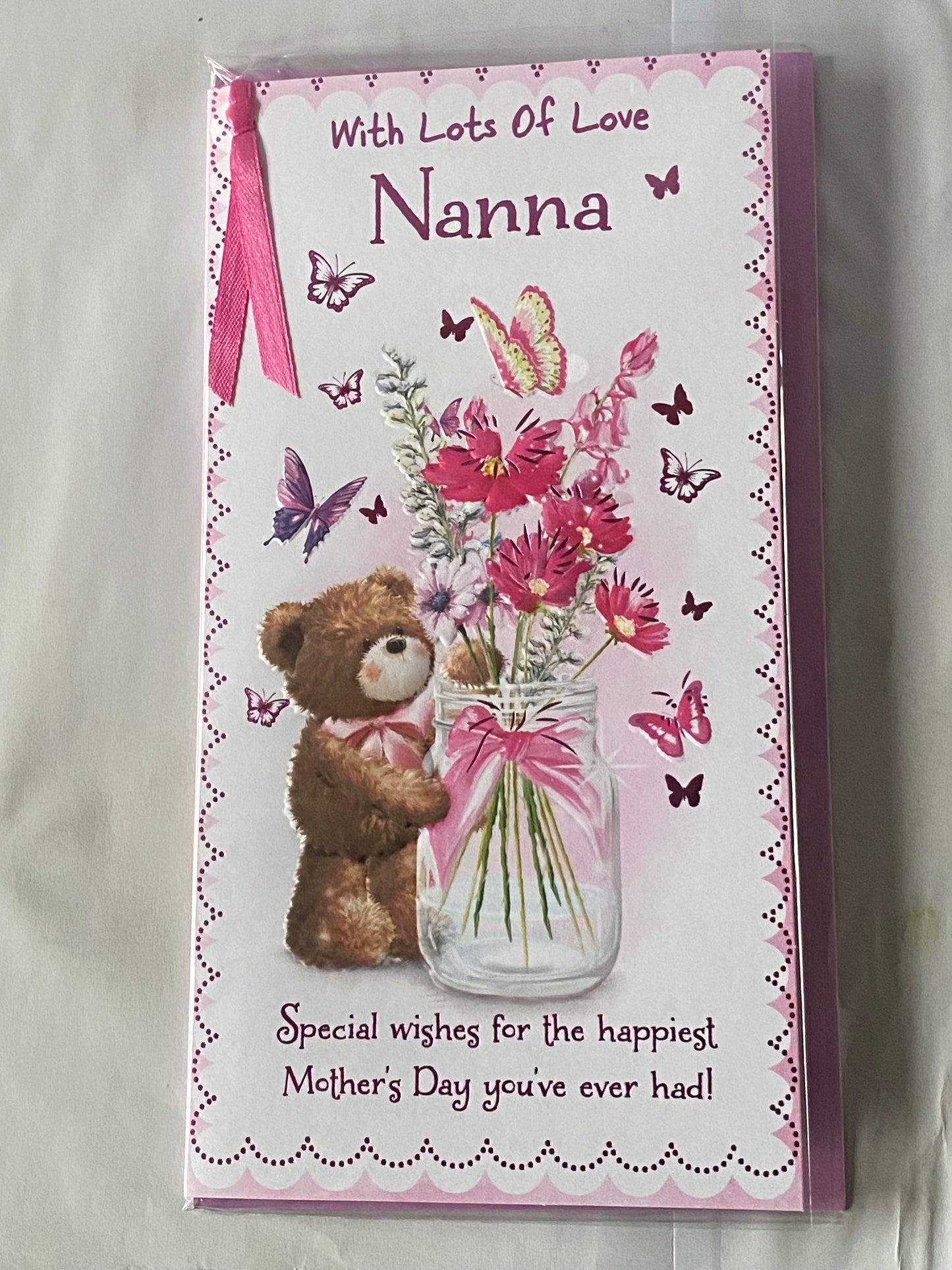 With Lots Of Love Nanna Mother's Day Mothers Day Card Teddy/Flowers/Butterflies/Jar Ribbon/Foil Detail(PRELUDE47674)