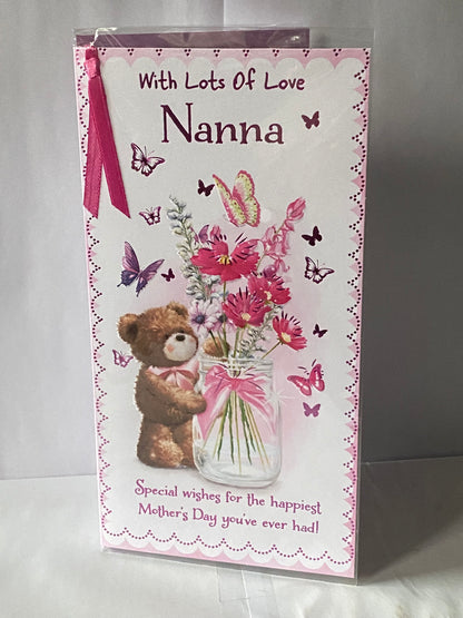 With Lots Of Love Nanna Mother's Day Mothers Day Card Teddy/Flowers/Butterflies/Jar Ribbon/Foil Detail(PRELUDE47674)