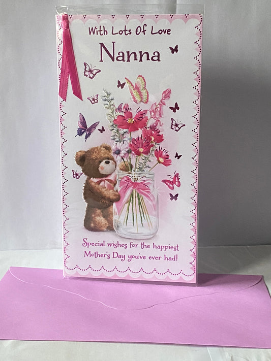 With Lots Of Love Nanna Mother's Day Mothers Day Card Teddy/Flowers/Butterflies/Jar Ribbon/Foil Detail(PRELUDE47674)