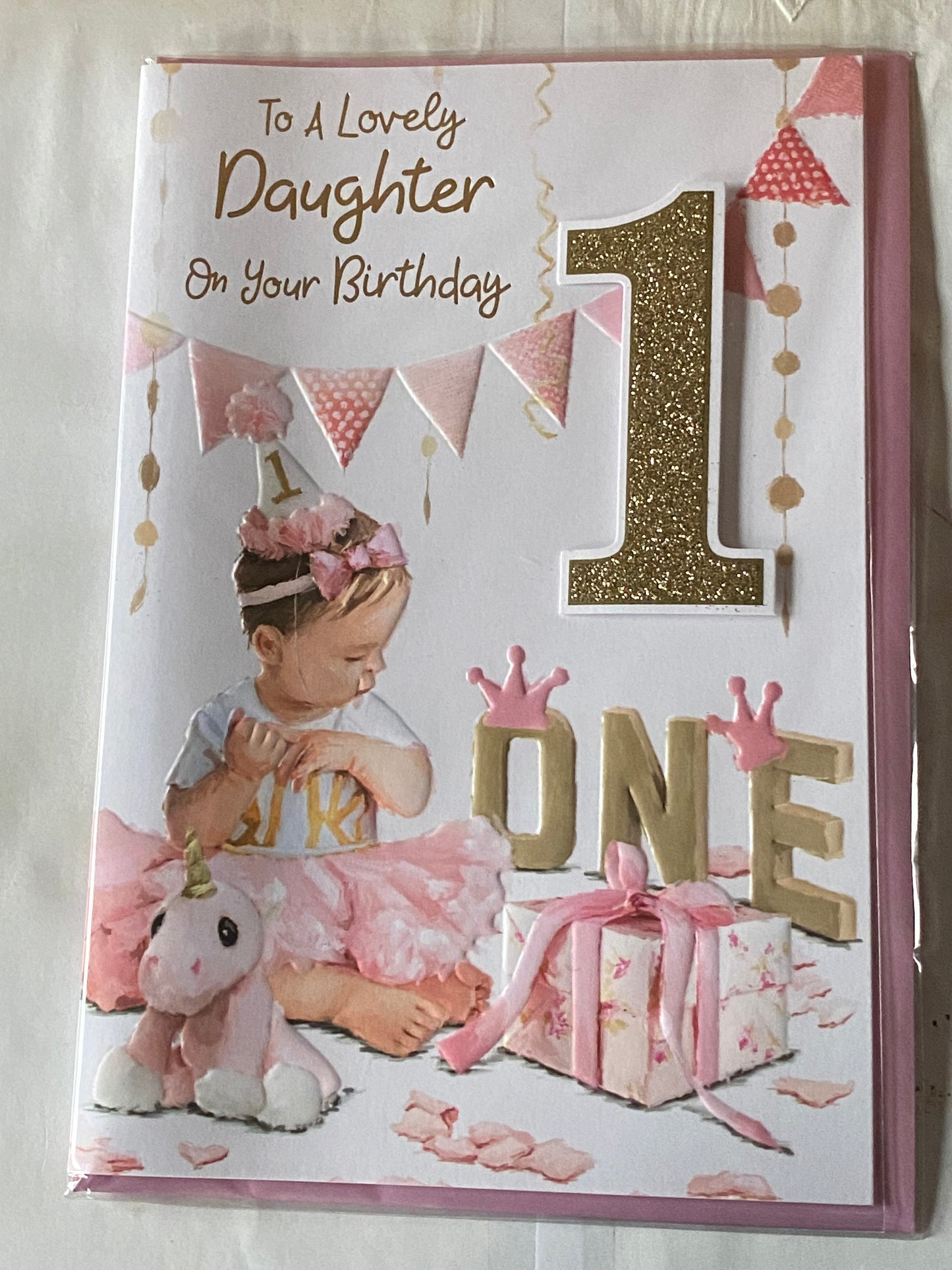 To A Lovely Daughter On Your 1 Birthday Card Age 1 1st One Girl/Present 3D/Glitter/Foil Detail(PRELUDE44265)