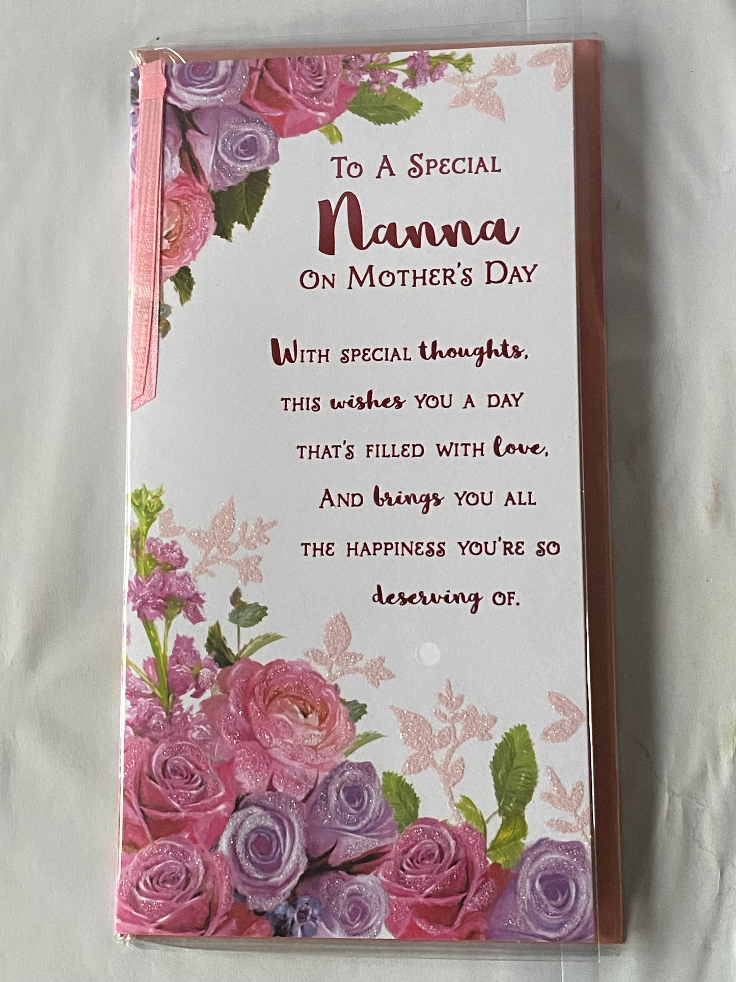 To A Special Nanna On Mother's Day Mothers Day Card Pink/Purple Flowers/Pink Words Ribbon/Glitter/Foil Detail(PRELUDE47680)