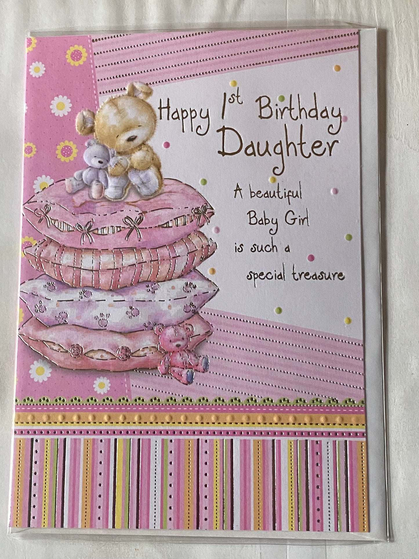 Happy 1st Birthday Daughter First Age 1 One Birthday Card Teddy/Cushions Foil Detail(KI32858)