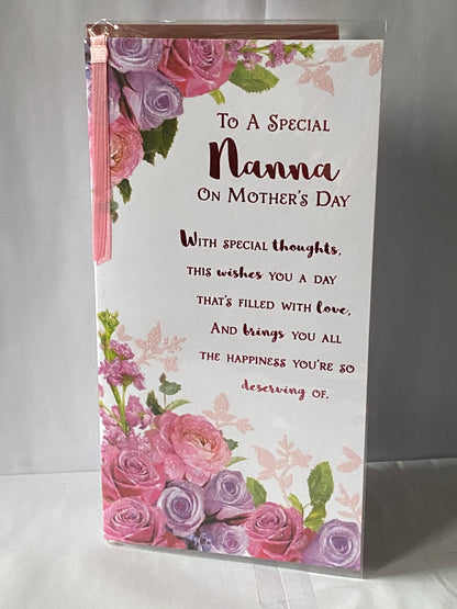 To A Special Nanna On Mother's Day Mothers Day Card Pink/Purple Flowers/Pink Words Ribbon/Glitter/Foil Detail(PRELUDE47680)