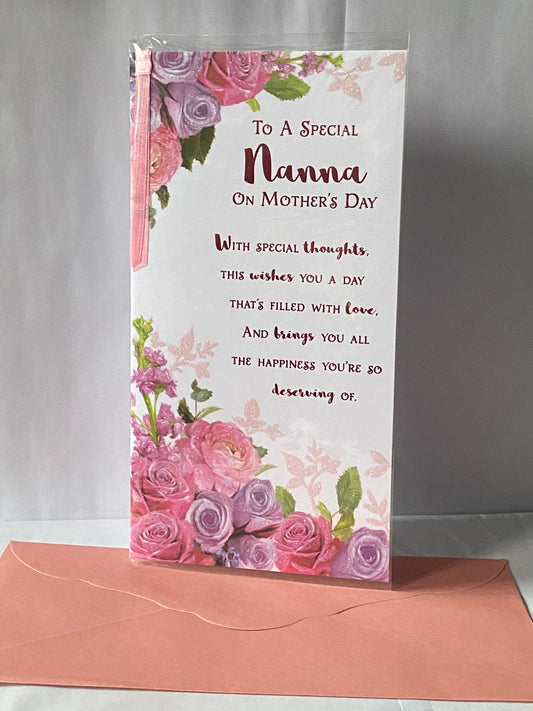 To A Special Nanna On Mother's Day Mothers Day Card Pink/Purple Flowers/Pink Words Ribbon/Glitter/Foil Detail(PRELUDE47680)