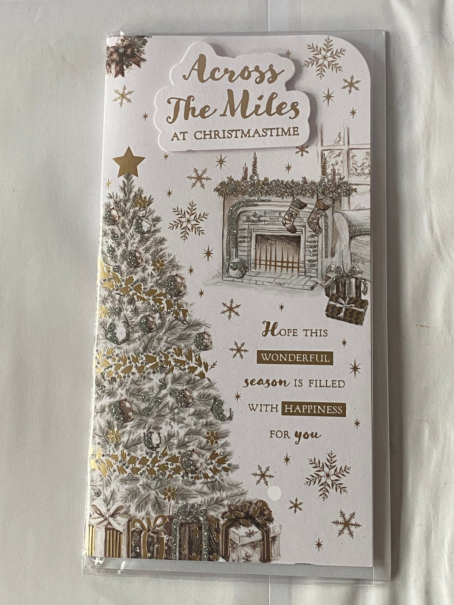 Across The Miles At Christmastime Christmas Card Grey/Gold Christmas Tree/Fireplace/Gold Words(PRELUDE46208)