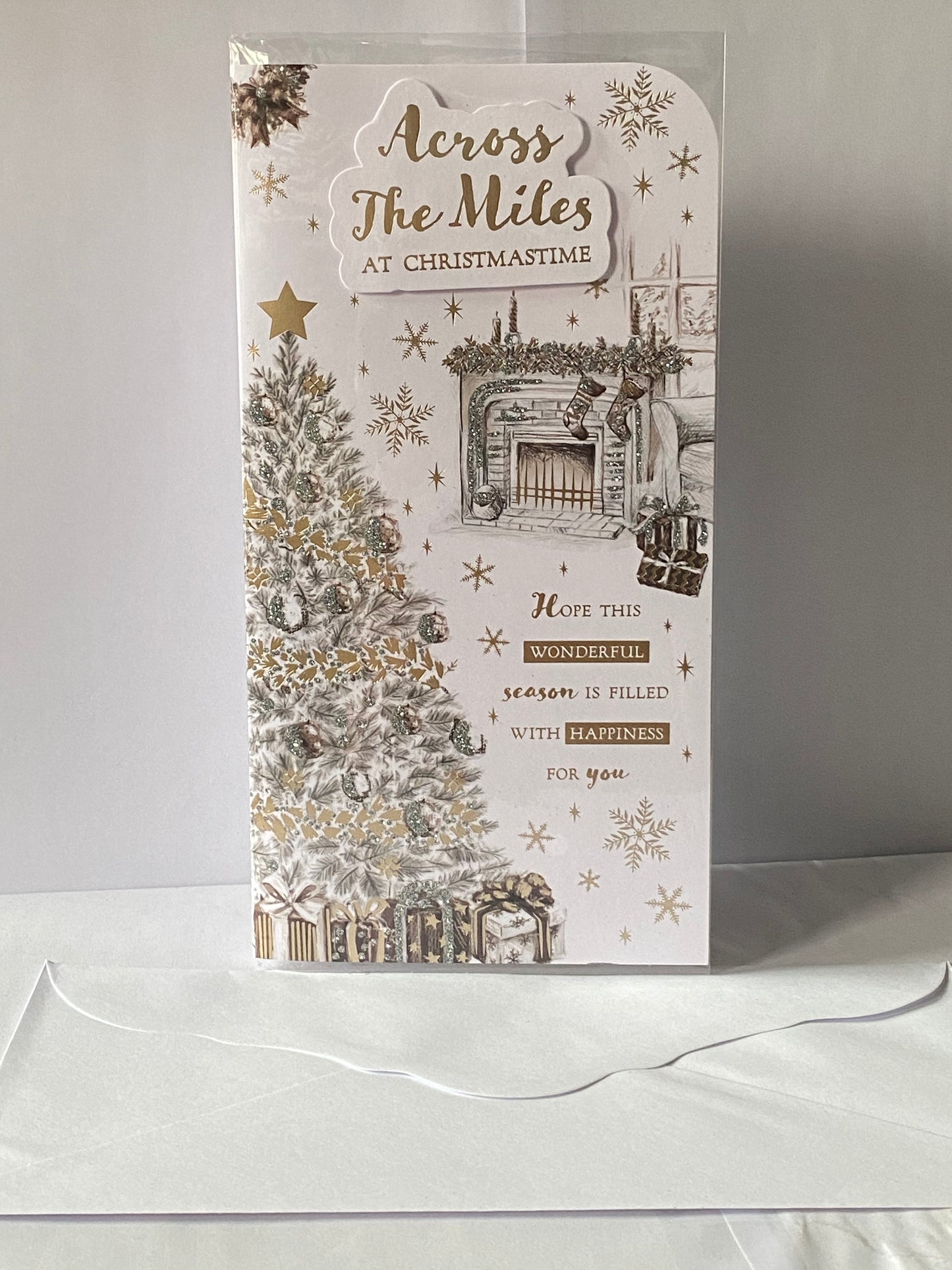 Across The Miles At Christmastime Christmas Card Grey/Gold Christmas Tree/Fireplace/Gold Words(PRELUDE46208)