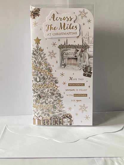 Across The Miles At Christmastime Christmas Card Grey/Gold Christmas Tree/Fireplace/Gold Words(PRELUDE46208)