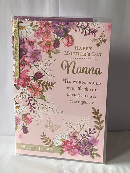 Happy Mother's Day Nanna Mother's Day Mothers Day Card Pink-Gold Flowers/Gold Words Ribbon/Glitter/Foil Detail(PRELUDE47687)