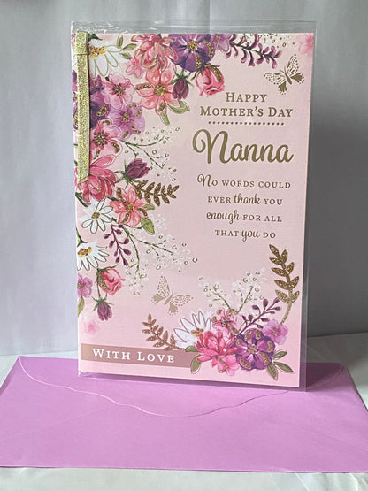 Happy Mother's Day Nanna Mother's Day Mothers Day Card Pink-Gold Flowers/Gold Words Ribbon/Glitter/Foil Detail(PRELUDE47687)