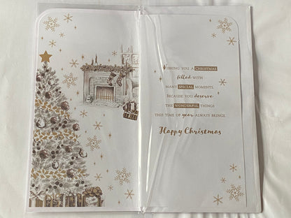 Across The Miles At Christmastime Christmas Card Grey/Gold Christmas Tree/Fireplace/Gold Words(PRELUDE46208)