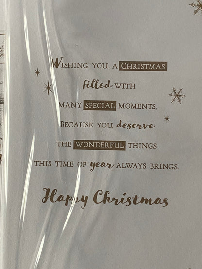 Across The Miles At Christmastime Christmas Card Grey/Gold Christmas Tree/Fireplace/Gold Words(PRELUDE46208)