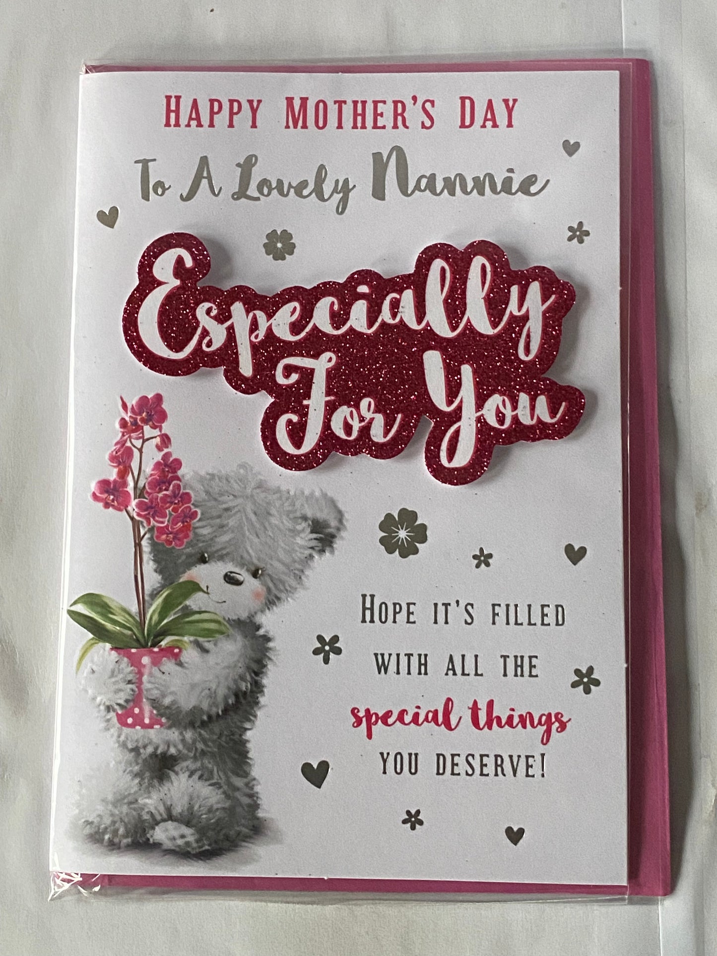 Happy Mother's Day To A Lovely Nannie Especially For You Mother's Day Mothers Day Card Grey Teddy/Pink Flower/Words 3D/Glitter/Foil Detail(PRELUDE47670)