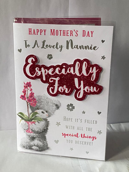 Happy Mother's Day To A Lovely Nannie Especially For You Mother's Day Mothers Day Card Grey Teddy/Pink Flower/Words 3D/Glitter/Foil Detail(PRELUDE47670)