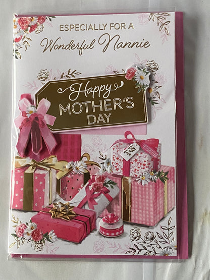 Especially For A Wonderful Nannie Happy Mother's Day Mothers Day Card Pink+White Presents 3D/Foil Detail(PRELUDE49795)