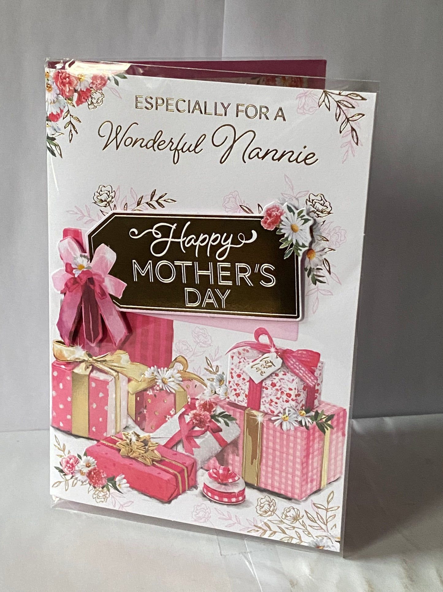 Especially For A Wonderful Nannie Happy Mother's Day Mothers Day Card Pink+White Presents 3D/Foil Detail(PRELUDE49795)