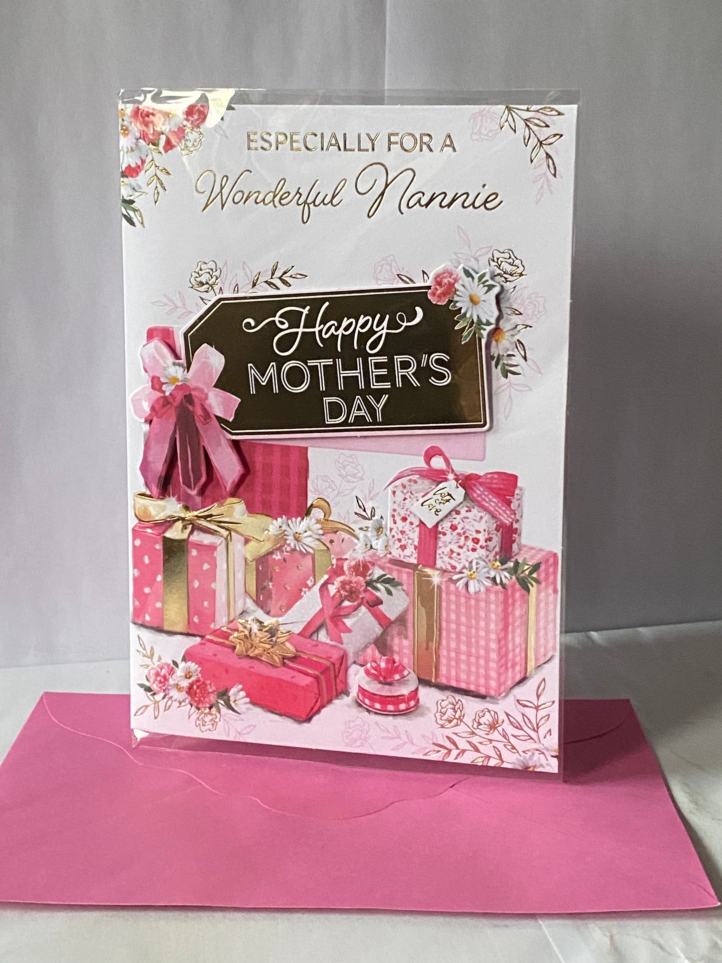 Especially For A Wonderful Nannie Happy Mother's Day Mothers Day Card Pink+White Presents 3D/Foil Detail(PRELUDE49795)