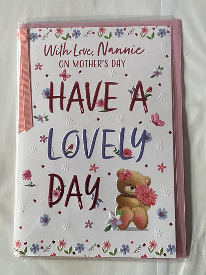 With Love Nannie On Mother's Day Have A Lovely Day Mother's Day Mothers Day Card Sitting Teddy Holding Pink Flower/Words Ribbon/Foil Detail(PRELUDE49793)