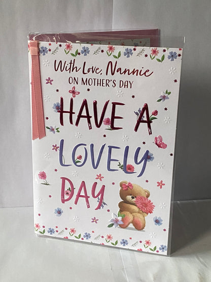 With Love Nannie On Mother's Day Have A Lovely Day Mother's Day Mothers Day Card Sitting Teddy Holding Pink Flower/Words Ribbon/Foil Detail(PRELUDE49793)