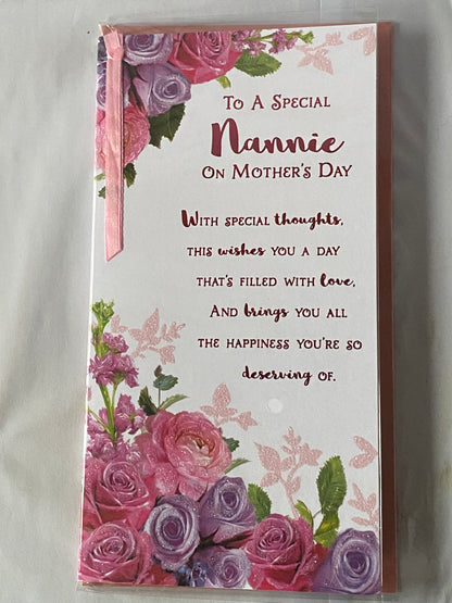 To A Special Nannie On Mother's Day Mothers Day Card Pink/Purple Flowers/Pink Words Ribbon/Glitter/Foil Detail(PRELUDE47680)