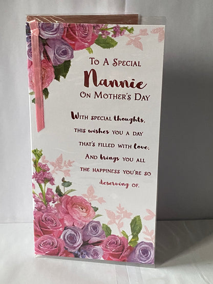 To A Special Nannie On Mother's Day Mothers Day Card Pink/Purple Flowers/Pink Words Ribbon/Glitter/Foil Detail(PRELUDE47680)