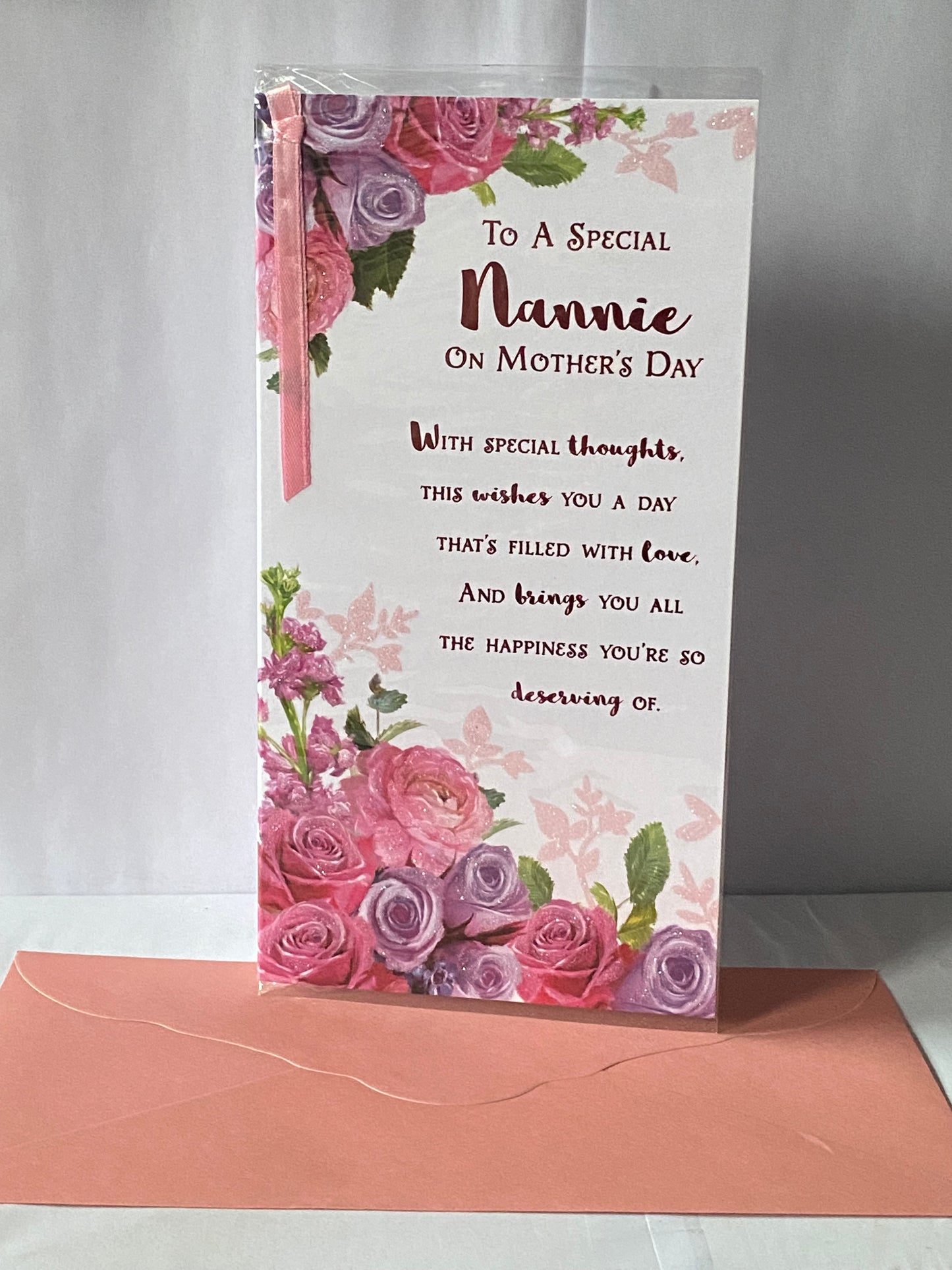 To A Special Nannie On Mother's Day Mothers Day Card Pink/Purple Flowers/Pink Words Ribbon/Glitter/Foil Detail(PRELUDE47680)