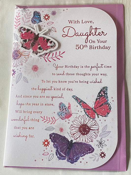 With Love Daughter On Your 50th Birthday Card Age 50 Fifty Fiftieth Butterflies/Flowers/Pink Words 3D/Glitter/Foil Detail(PRELUDE48193)