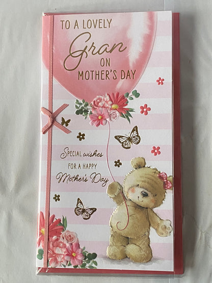 To A Lovely Gran On Mother's Day Mothers Day Card Teddy Holding Pink Balloon/Flowers/Stripes Ribbon/Foil Detail(PRELUDE49797)