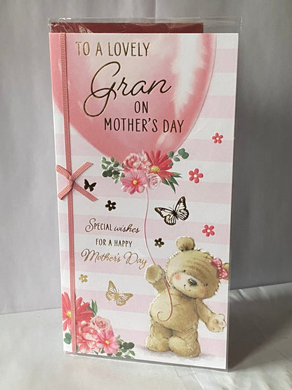 To A Lovely Gran On Mother's Day Mothers Day Card Teddy Holding Pink Balloon/Flowers/Stripes Ribbon/Foil Detail(PRELUDE49797)