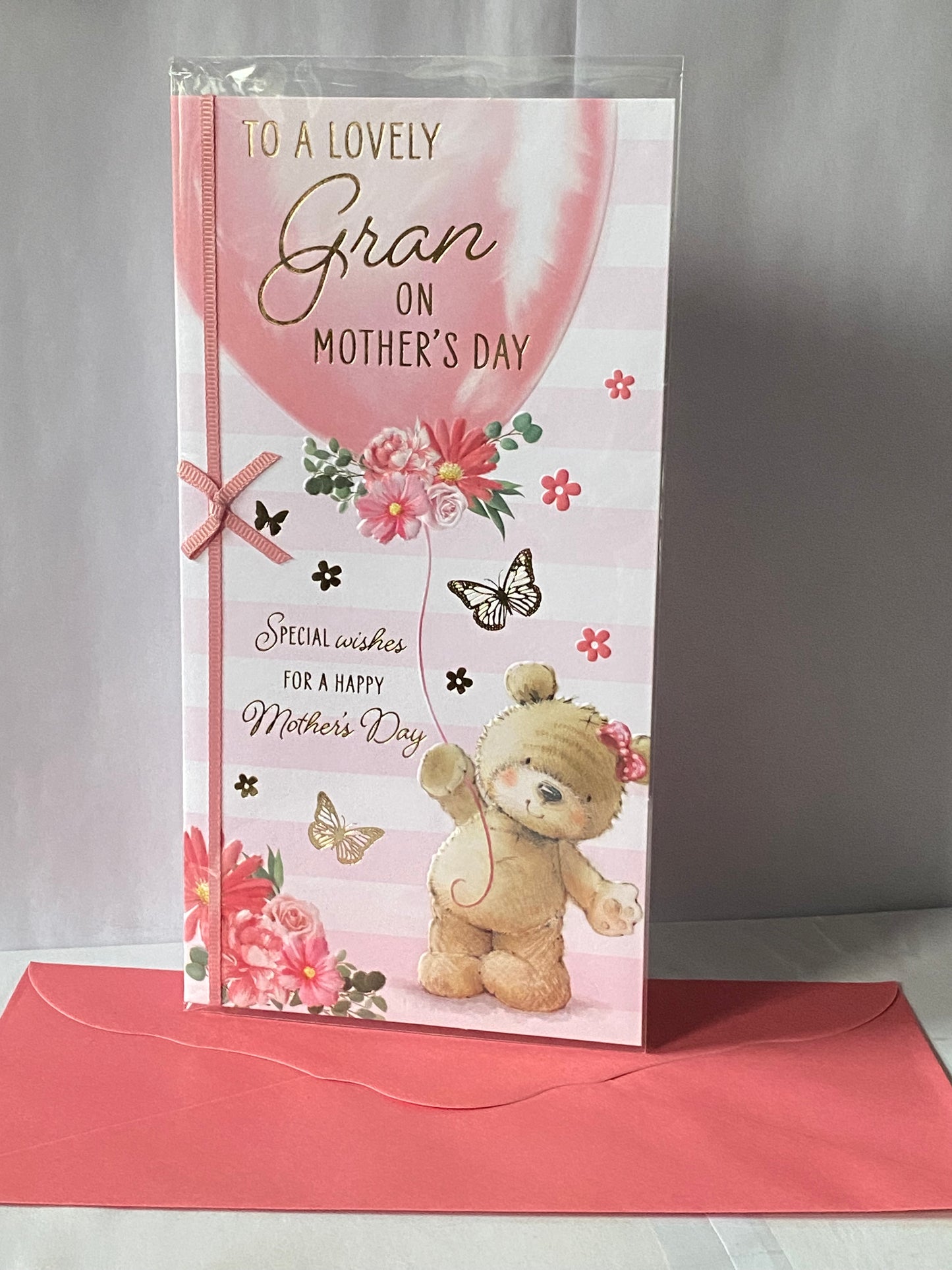 To A Lovely Gran On Mother's Day Mothers Day Card Teddy Holding Pink Balloon/Flowers/Stripes Ribbon/Foil Detail(PRELUDE49797)