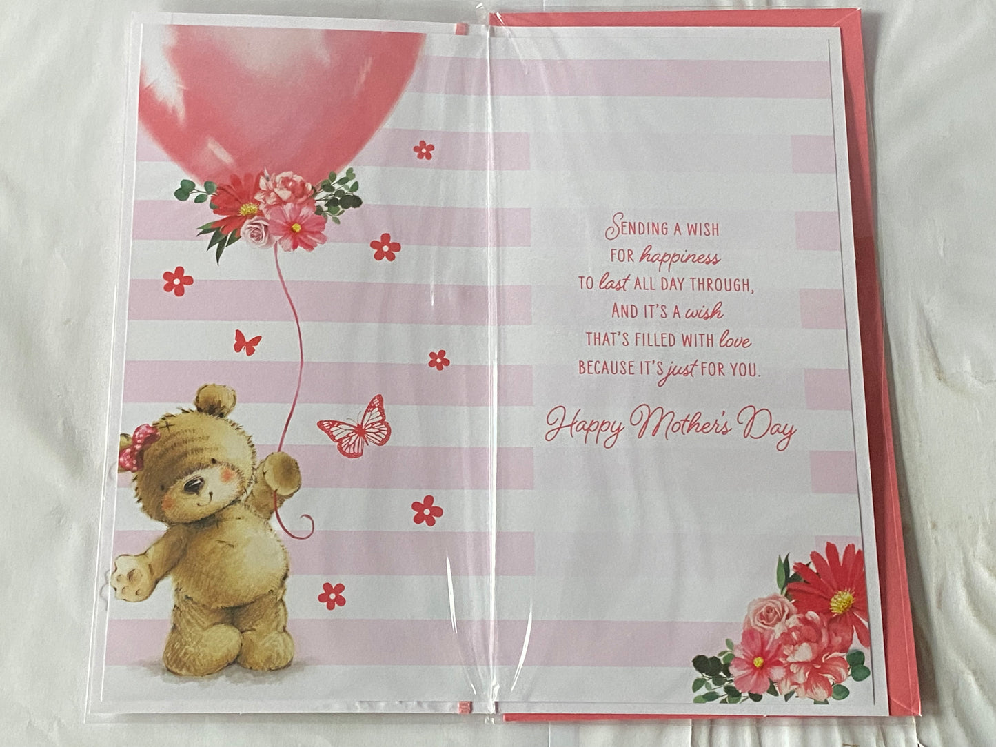 To A Lovely Gran On Mother's Day Mothers Day Card Teddy Holding Pink Balloon/Flowers/Stripes Ribbon/Foil Detail(PRELUDE49797)