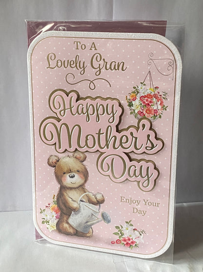 To A Lovely Gran Happy Mother's Day Enjoy Your Day Mothers Day Card Pink-Gold Teddy/Watering Can 3D/Glitter/Foil Detail(PRELUDE47686)