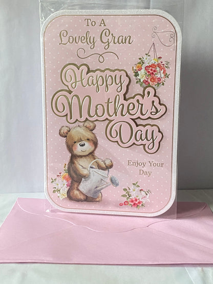 To A Lovely Gran Happy Mother's Day Enjoy Your Day Mothers Day Card Pink-Gold Teddy/Watering Can 3D/Glitter/Foil Detail(PRELUDE47686)