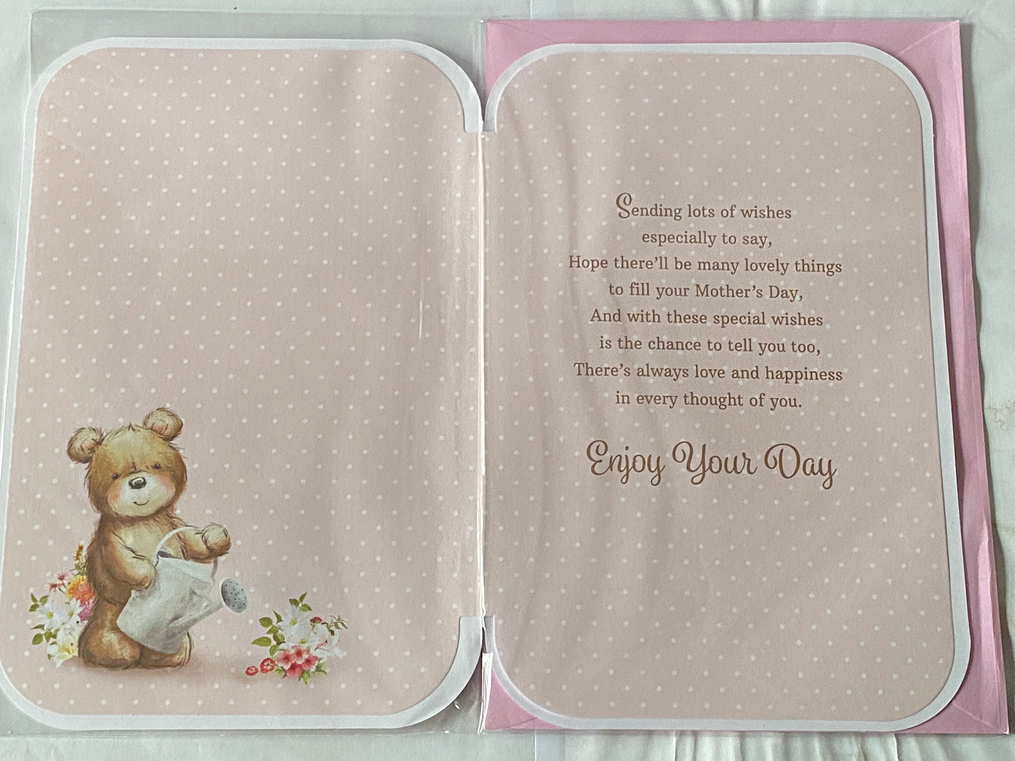 To A Lovely Gran Happy Mother's Day Enjoy Your Day Mothers Day Card Pink-Gold Teddy/Watering Can 3D/Glitter/Foil Detail(PRELUDE47686)