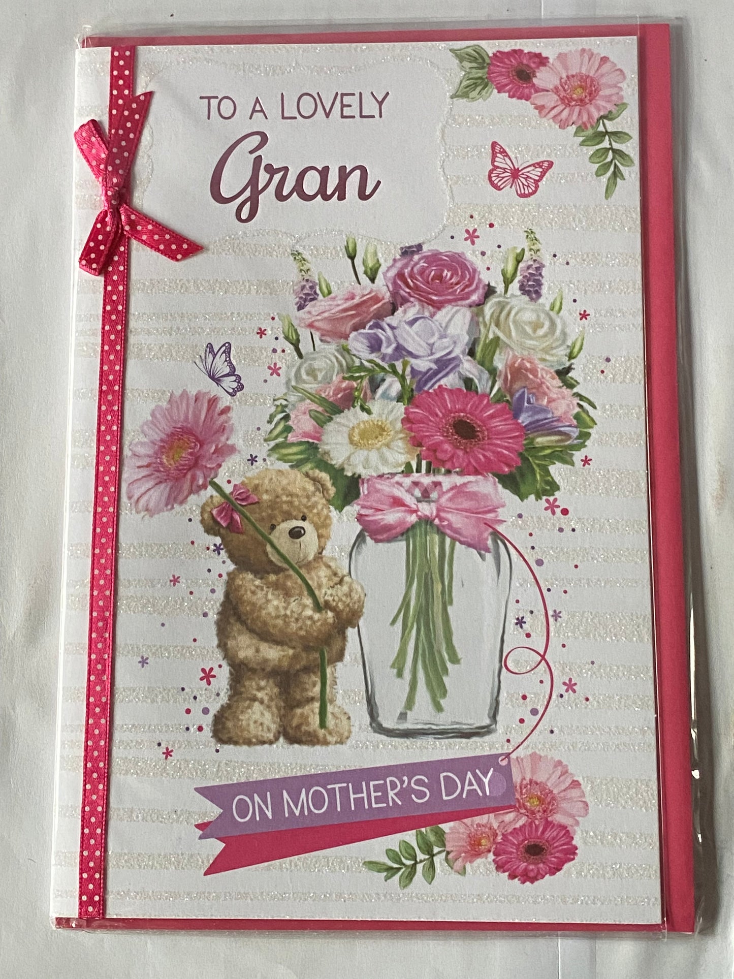 To A Lovely Gran On Mother's Day Mothers Day Card Teddy/Flowers/Glass Vase Ribbon/Glitter/Foil Detail(PRELUDE44053)