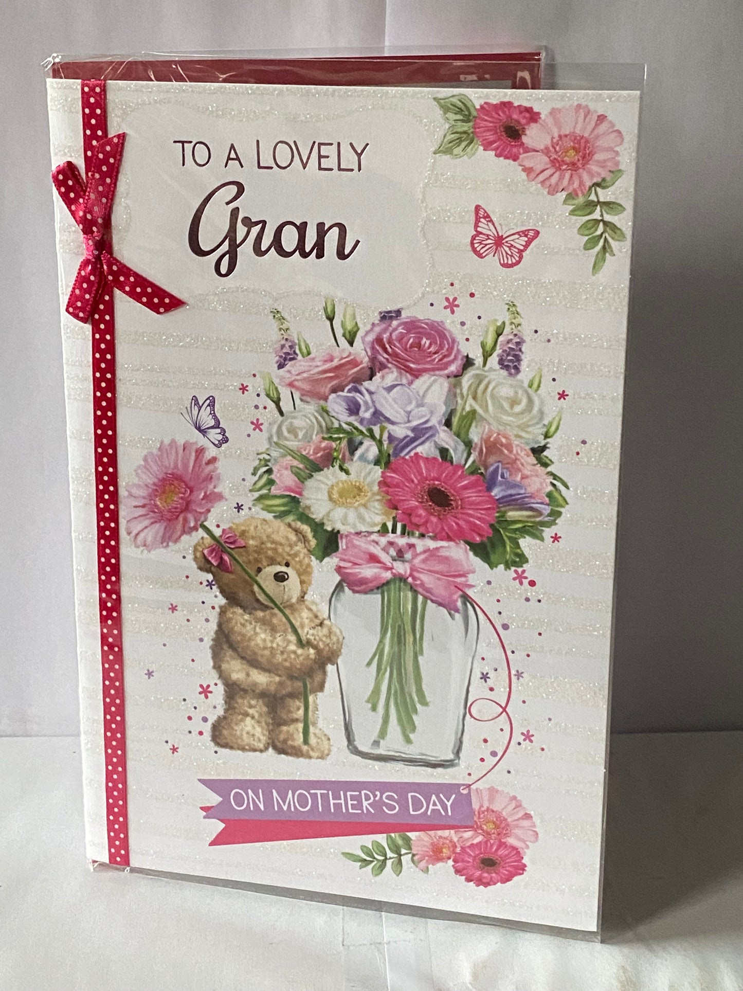 To A Lovely Gran On Mother's Day Mothers Day Card Teddy/Flowers/Glass Vase Ribbon/Glitter/Foil Detail(PRELUDE44053)