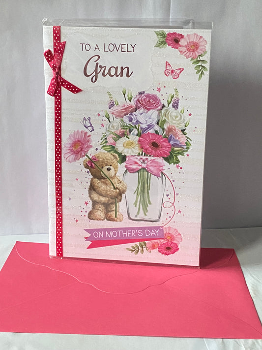 To A Lovely Gran On Mother's Day Mothers Day Card Teddy/Flowers/Glass Vase Ribbon/Glitter/Foil Detail(PRELUDE44053)