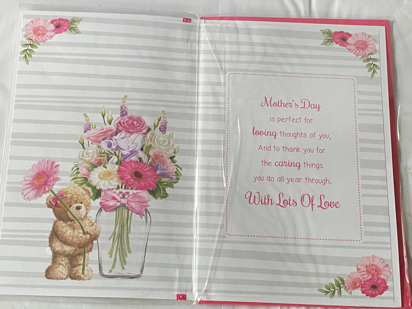 To A Lovely Gran On Mother's Day Mothers Day Card Teddy/Flowers/Glass Vase Ribbon/Glitter/Foil Detail(PRELUDE44053)