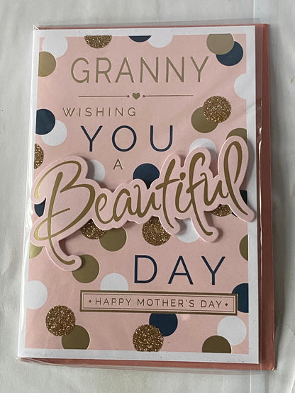 Granny Wishing You A Beautiful Day Happy Mother's Day Mothers Day Card Pink-Gold/Black Spots/Words 3D/Glitter/Foil Detail(PRELUDE47671)