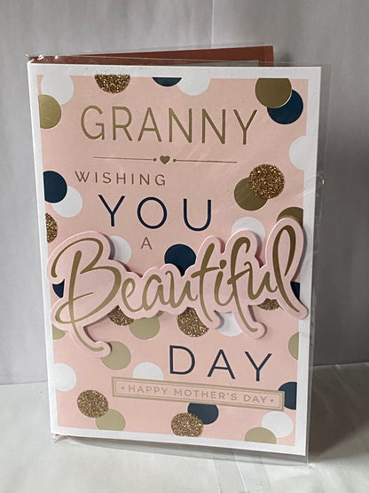 Granny Wishing You A Beautiful Day Happy Mother's Day Mothers Day Card Pink-Gold/Black Spots/Words 3D/Glitter/Foil Detail(PRELUDE47671)