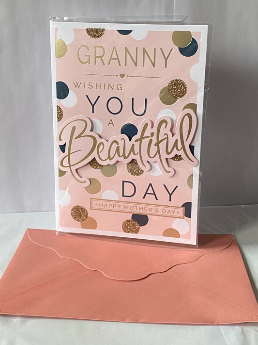 Granny Wishing You A Beautiful Day Happy Mother's Day Mothers Day Card Pink-Gold/Black Spots/Words 3D/Glitter/Foil Detail(PRELUDE47671)